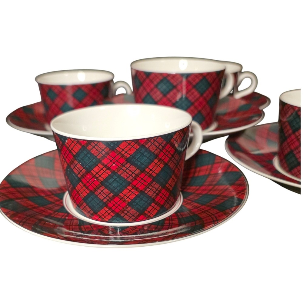 Sasaki Tartan Charles Roberts Japan 10 Pc Tea Cup Saucer Set Red Plaid
